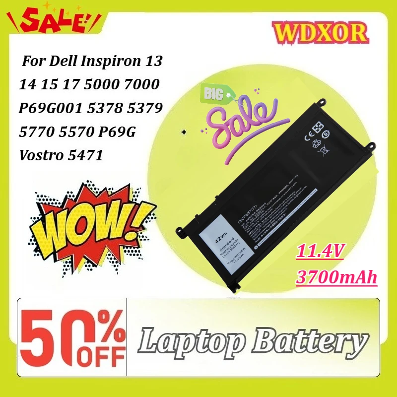 11.4V 42Wh 3700mAh Laptop Battery WDXOR  for Dell Inspiron 13 14 15 17 5000 7000 P69G001 5378 5379 5770 5570 P69G Vostro 5471
