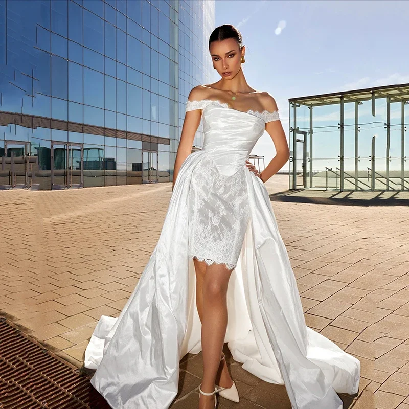 

Elegant High/Low Satin Lace Wedding Dress Mermaid Pleated Lace Off The Shoulder Bride Gown Sexy Backless Lace-up Court Train