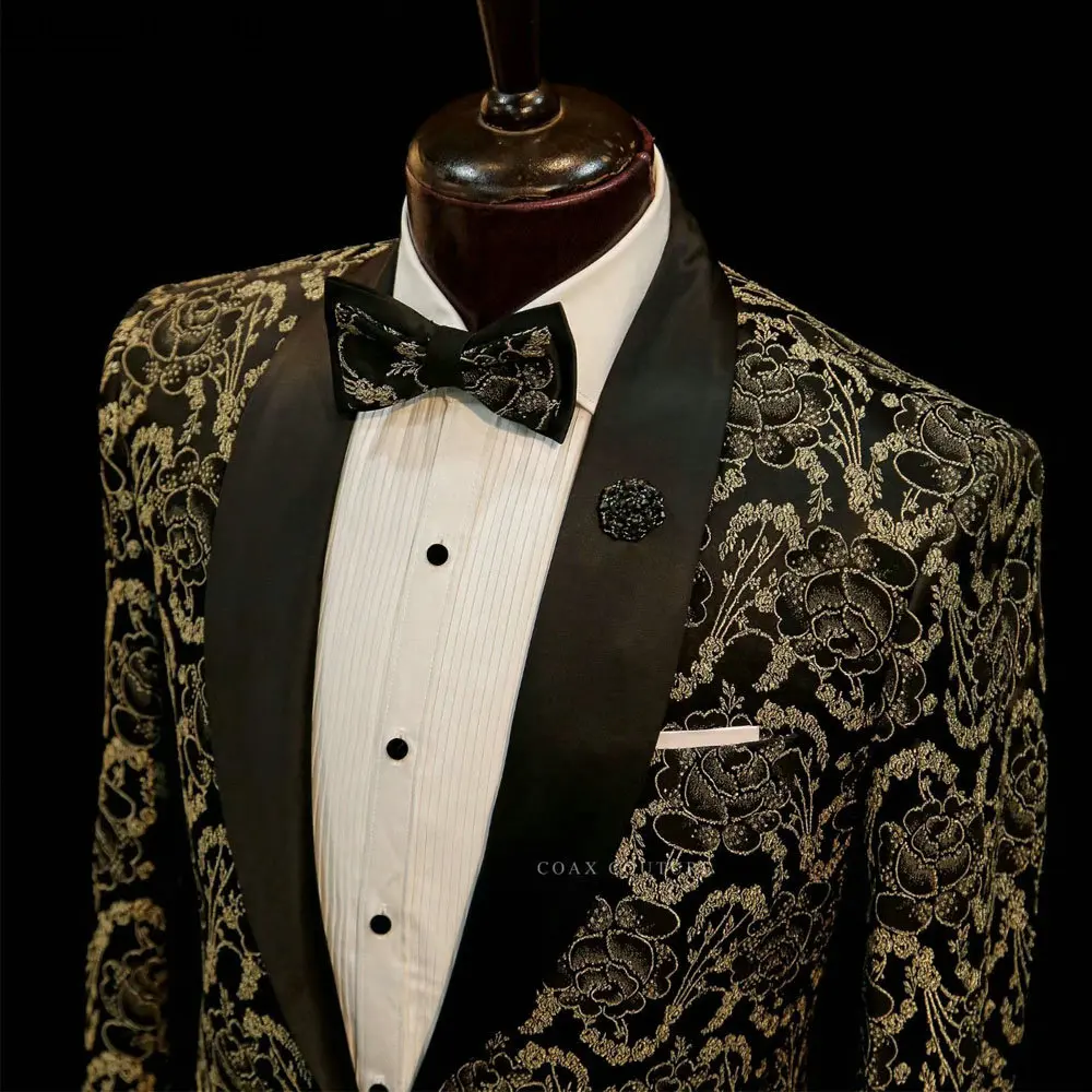 Black Formal Men Suits With Gold 3D Jacquard Weave Two Pieces Groom Wear ( Jacket + Pants )