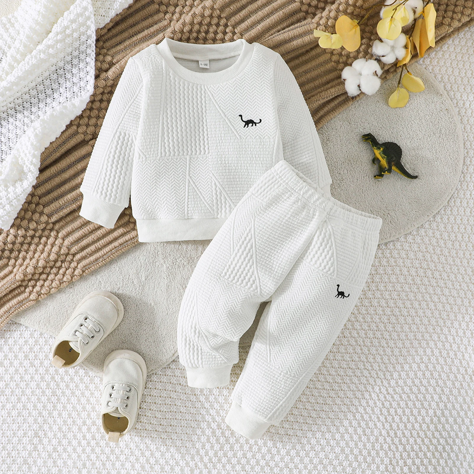 Tregren Toddler Baby Fall Outfit Dinosaur Embroidered Crew Neck Long Sleeve Sweatshirt and Pants 2 Pcs Set