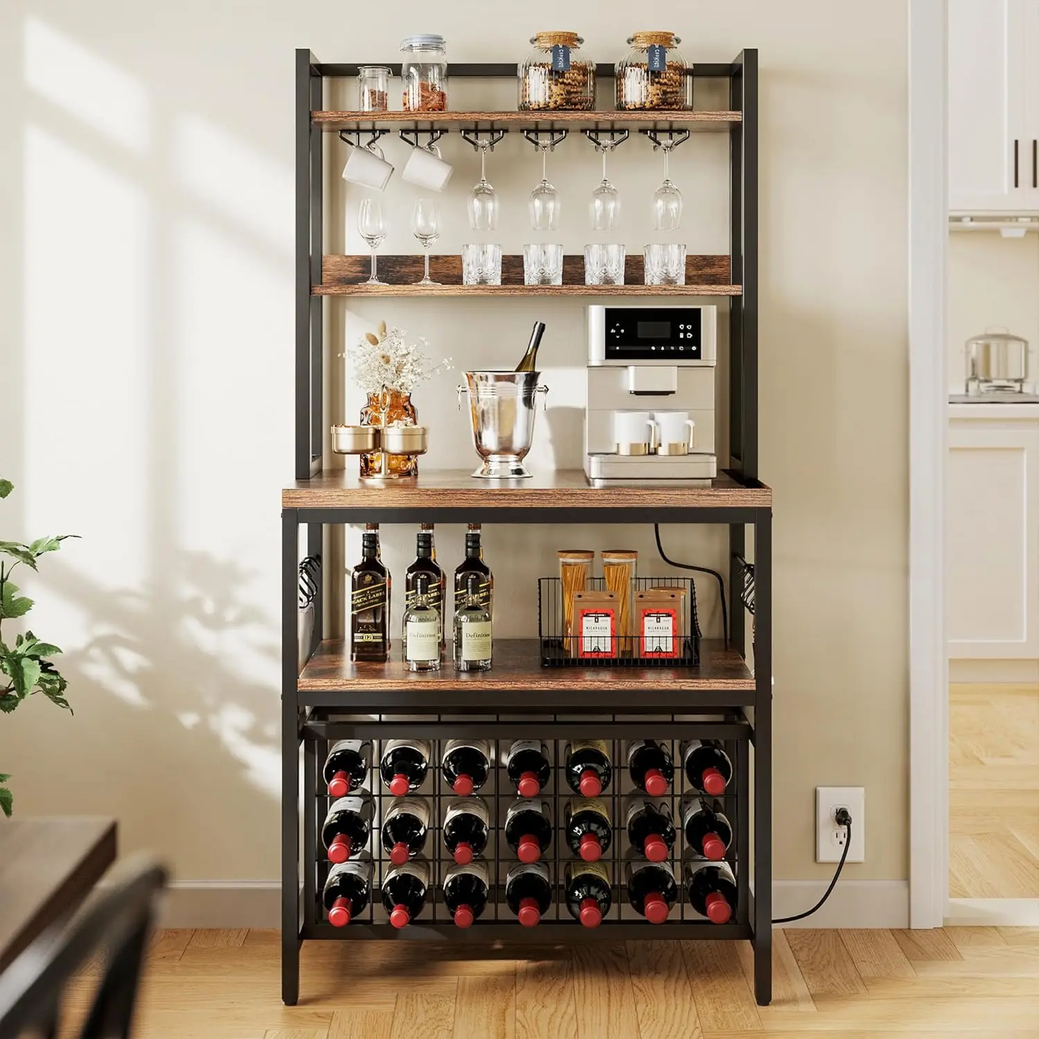

Kitchen Microwave Bakers Stand 31 Inches Wine Rack Free Standing Small w Storage for Liquor Glasses Power Outlet Tall