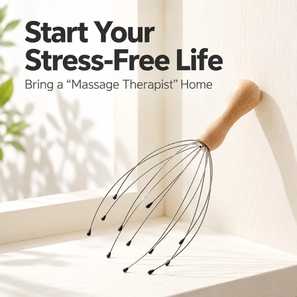 Wood Handle Head Massager Flexible Metal Wire Eight Claw Frame Scalp Massager Smooth End Round Tip Head Scratcher