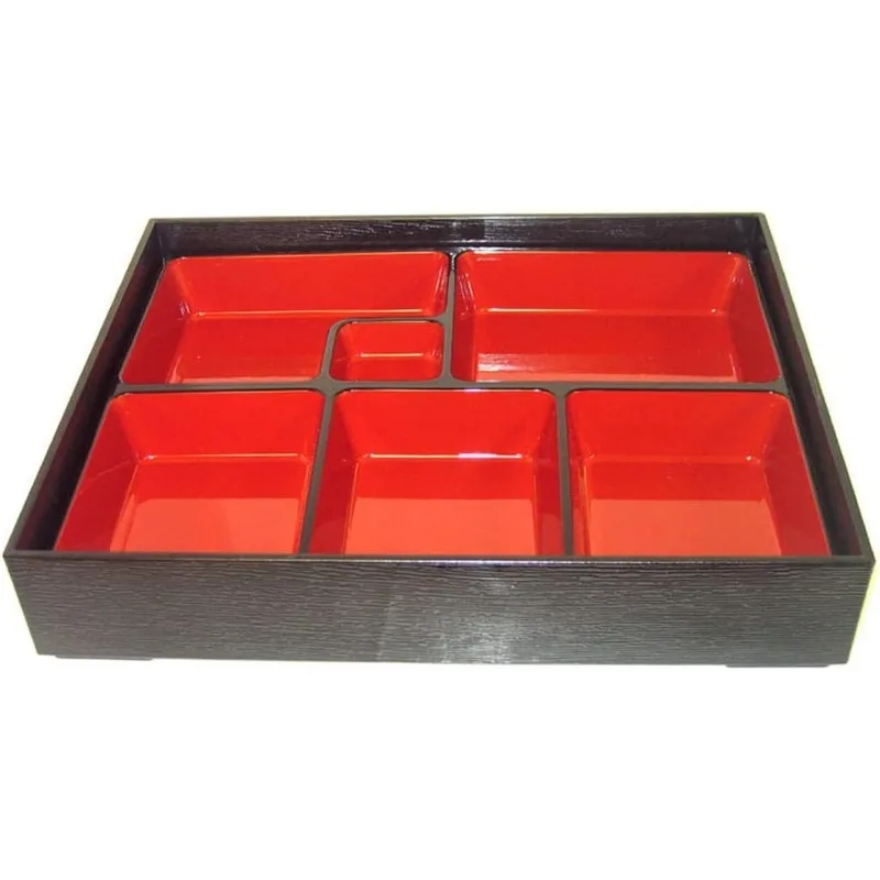 

Japanese Traditional Plastic Lacquered Lunch Bento Box for Restaurant or Home, Tray and Plate 2pc Set