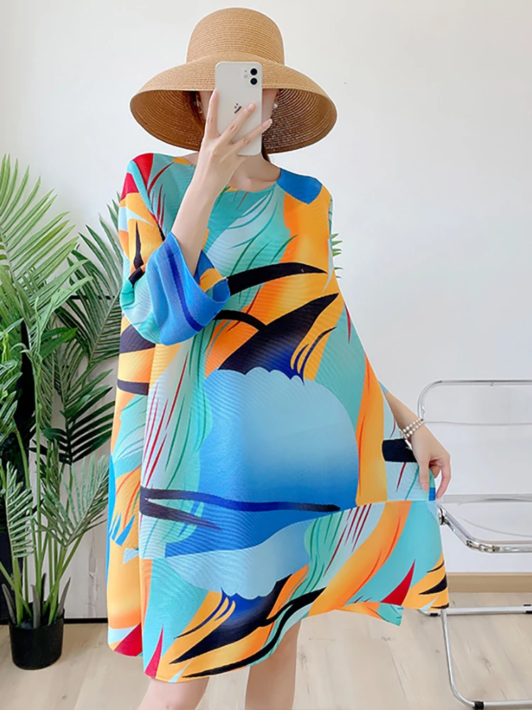 

Delocah High Quality Summer Women Fashion Runway Pleated Midi Dress Multicolor Panel Draped Elasticity Loose Long Sleeve Dresses