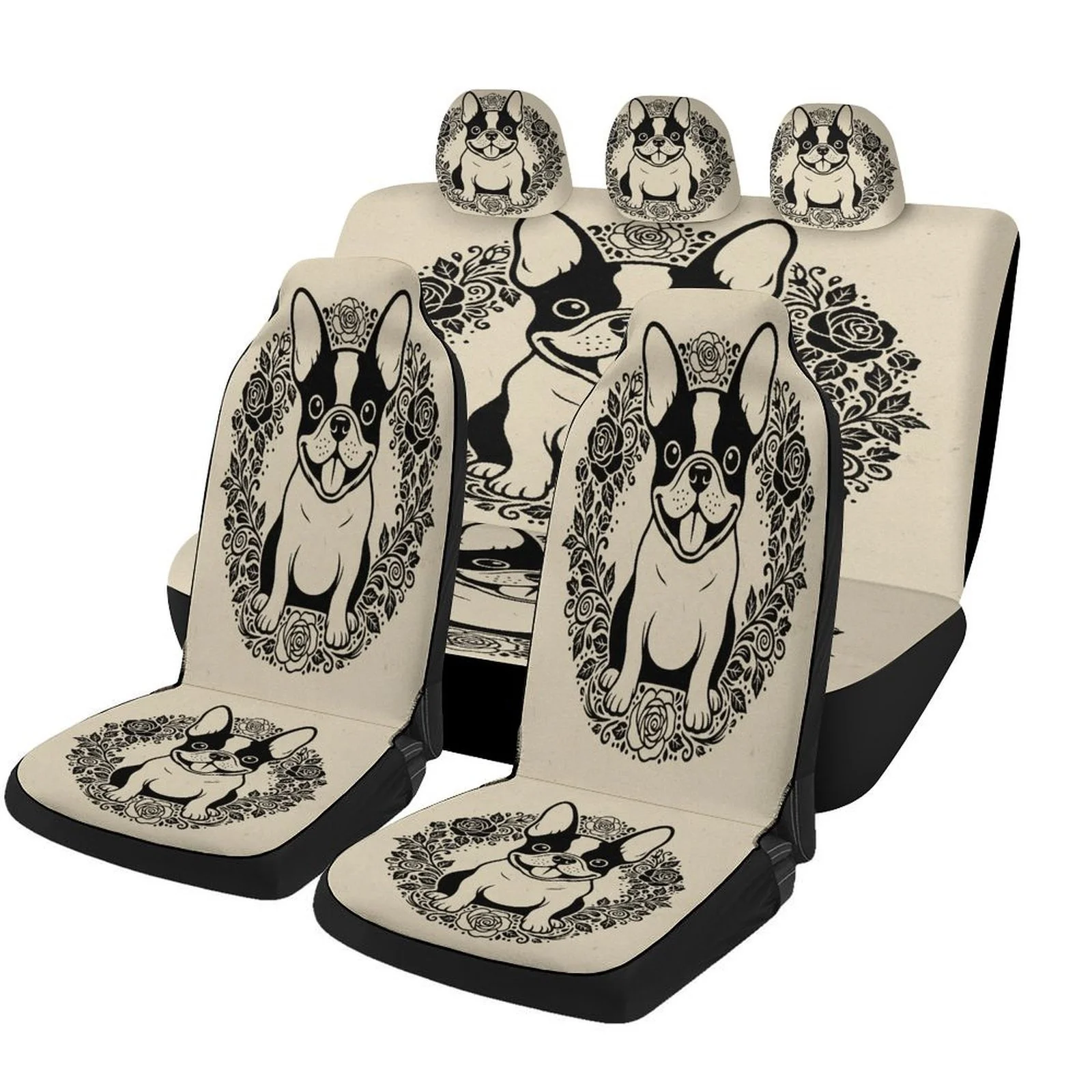 French Bulldog Floral Portrait Car Seat Cover Set - Trendy High-Quality Polyester, Universal Fit For 2 Front & Rear Seats, All-S