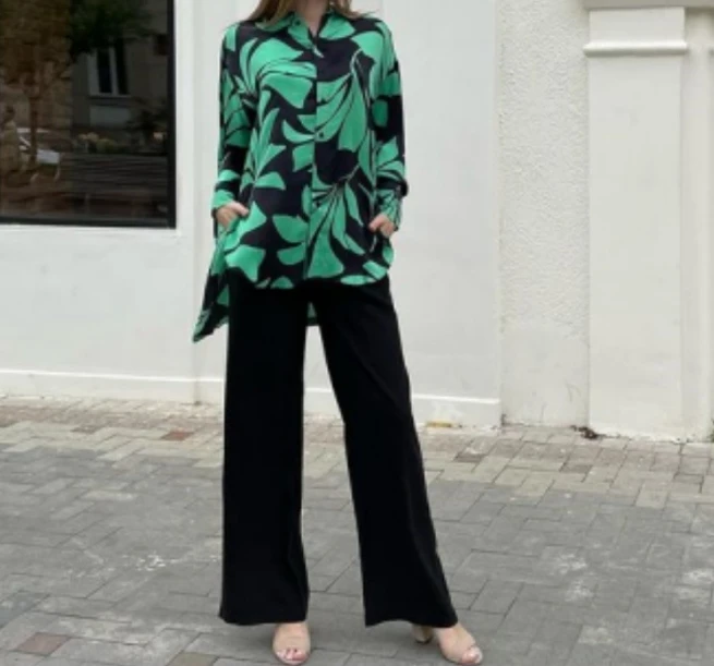 Fashionable and Casual Pants Set for Women 2024 Spring Summer Printed Long Sleeved Irregular Top+Casual Style Wide Leg Pants