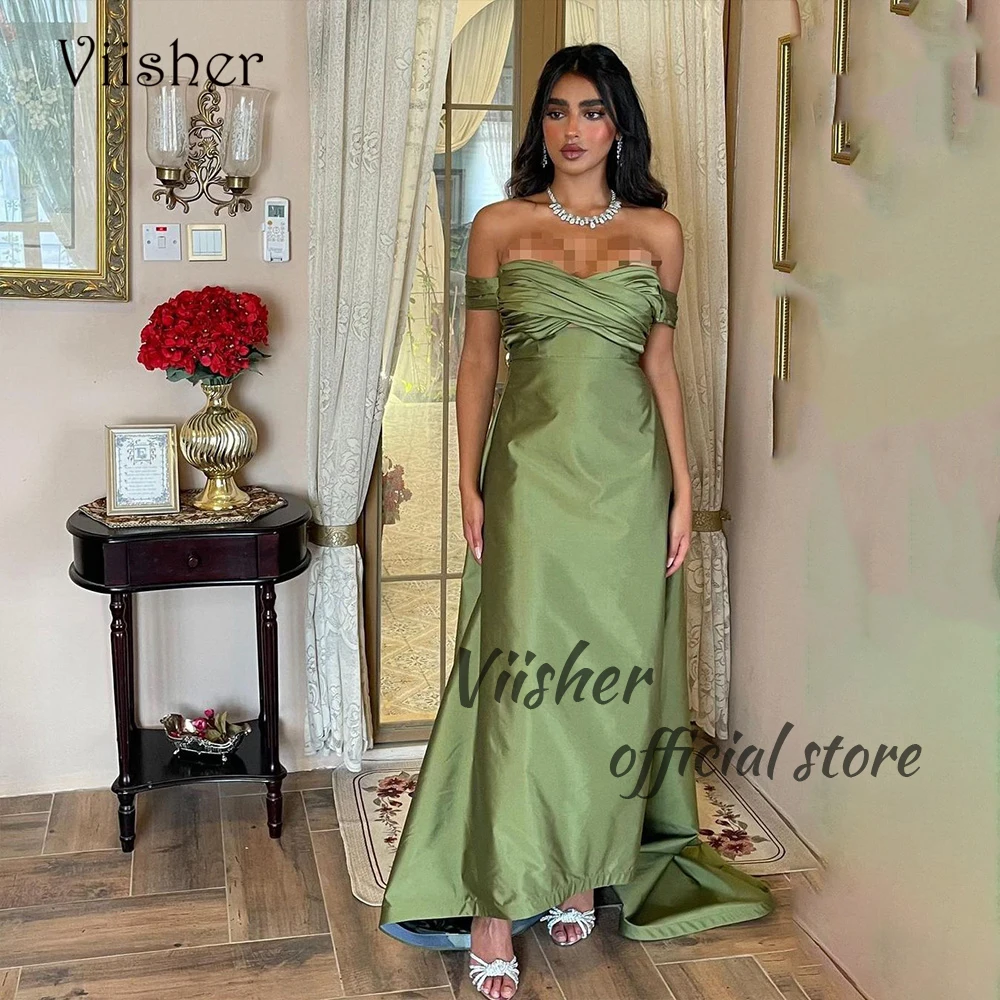 

Olive Green Satin Mermaid Evening Dresses Off Shoulder Sweetheart Prom Party Dress with Train Long Arabian Dubai Formal Gowns