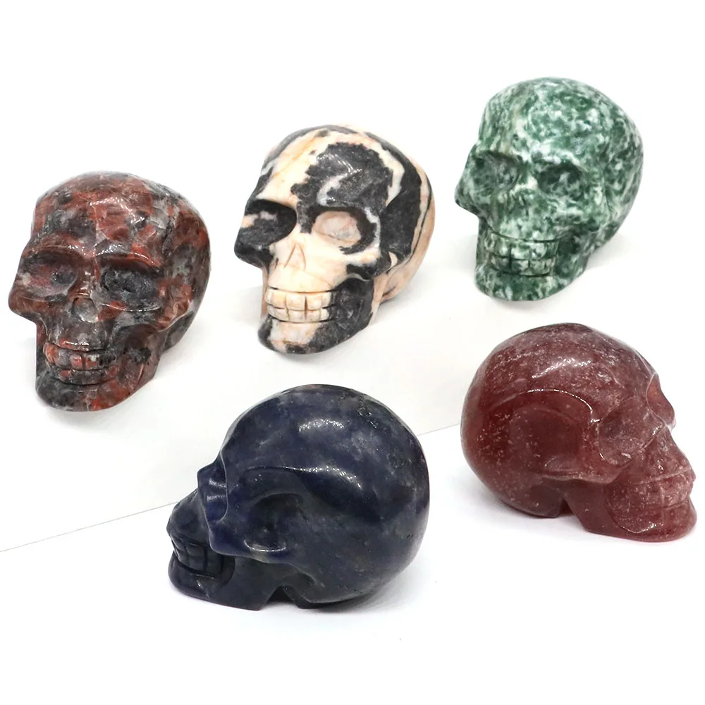 Natural Crystal Skull Statues Mineral Gems Ghost Head Hand Carved Reiki Healing Stones Desktop Home Decor Crafts Halloween Gifts