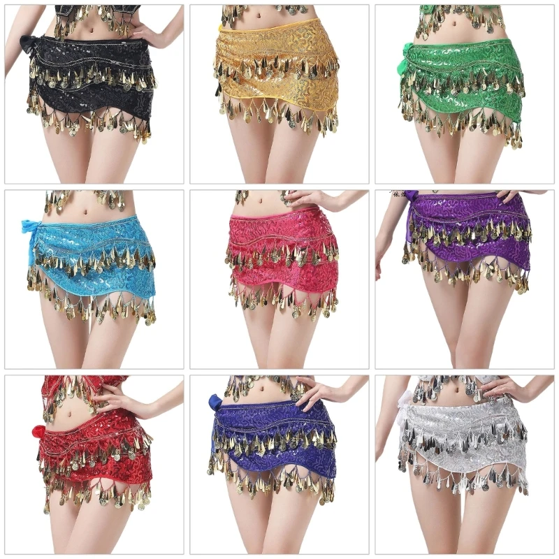 Women Bellydance Hip Scarf Skirts with Gold Belly Dance Belt Skirts Wrap