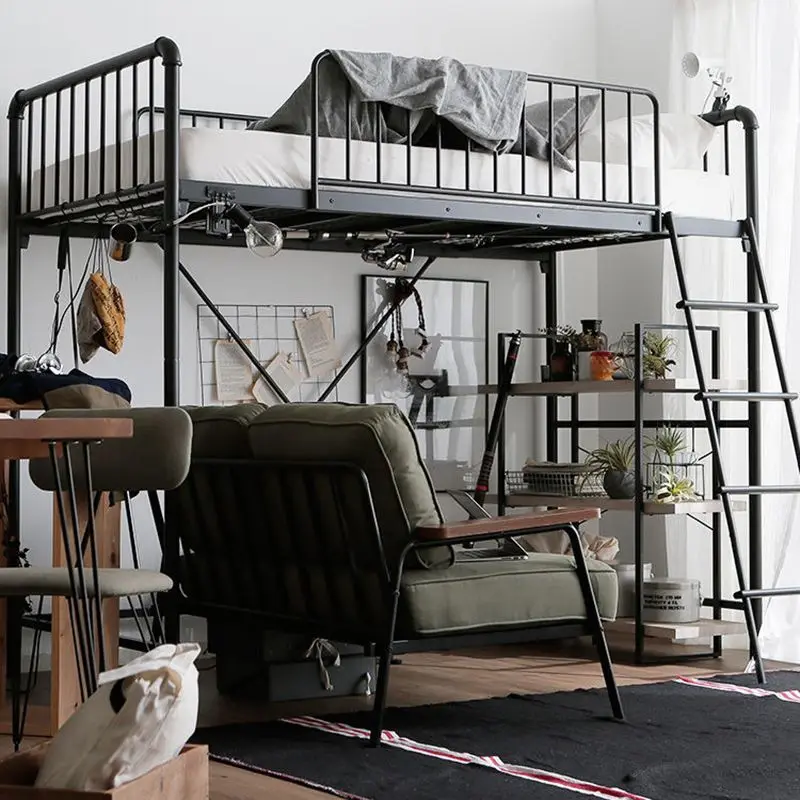 Elevated wrought iron bed simple small apartment loft bed industrial wind