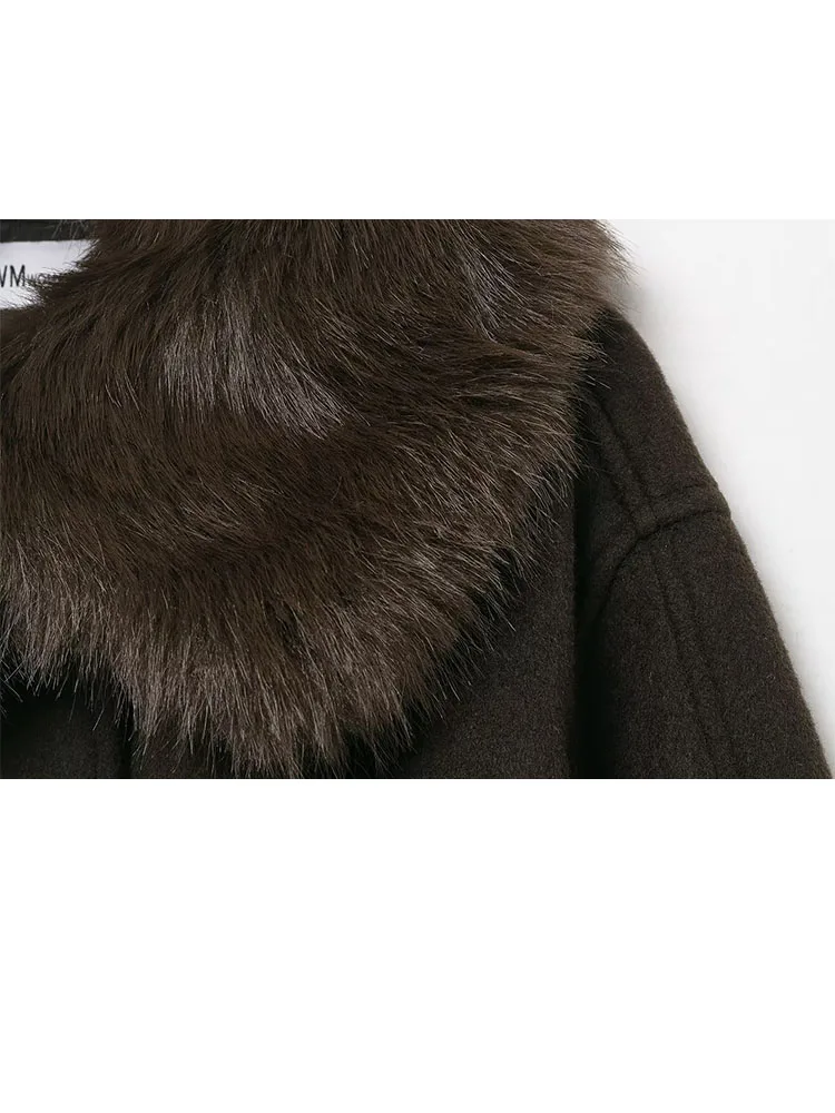 여성 겨울 인조 모피 효과 라펠 긴 소매 싱글 브레스티드 벨트 포켓 장식 코트 재킷 여성 캐주얼 코트