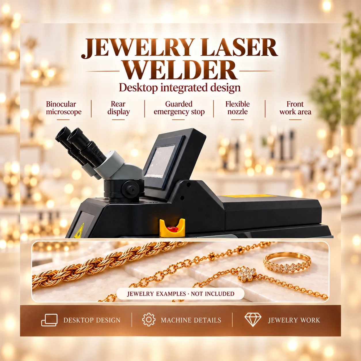 Desktop Jewelry Laser Welder with Microscope Viewing and Flexible Air Nozzle for Jewelry Repair Tasks at a Jeweler Workbench