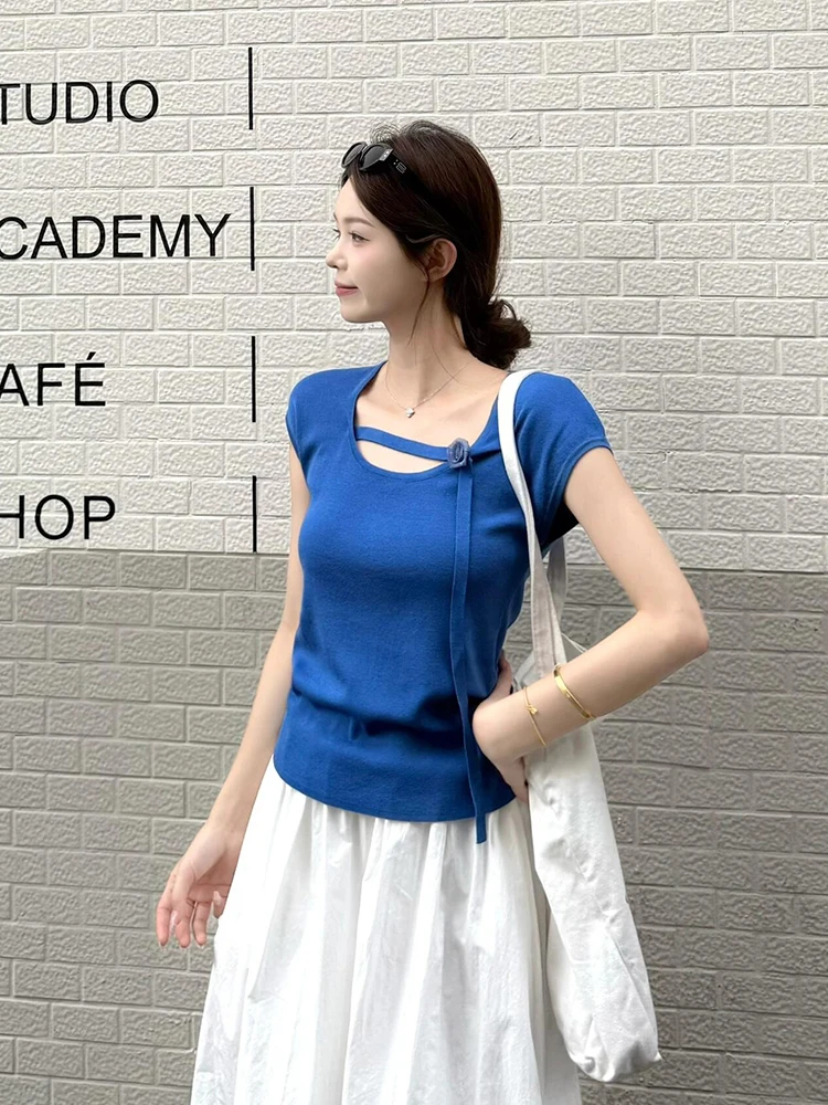 

Blue Floral Tie U-Ne ort Sve T-irt Women Summer Thin Uneven Waist Cinched Fairy Sve ort Length Top Korean Sle