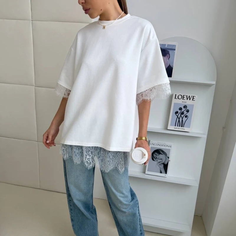 Spring Summer Fashion Female Top New Casual Lace Patchwork Women's T-Shirt Short Sleeve O-Neck Loose Back Split Lady Shirt