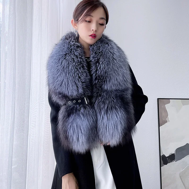 

Luxury Real Fox Fur Collar Scarf for Women, Belt Buckle Neck Warmer, Fur Shawls, Furry Scarves, Pelt Wraps, Large Size, Winter