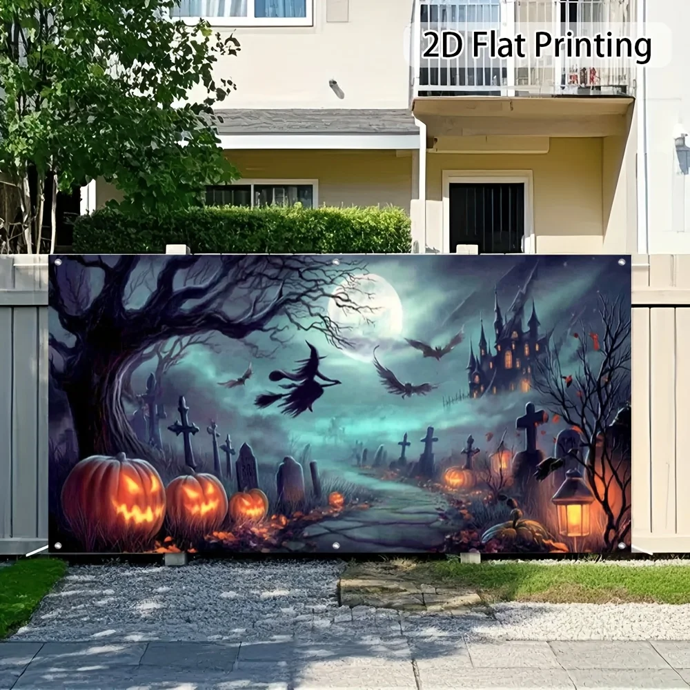 2D large door flag for garage doors with the theme of Halloween Witch Flight - in vibrant colors