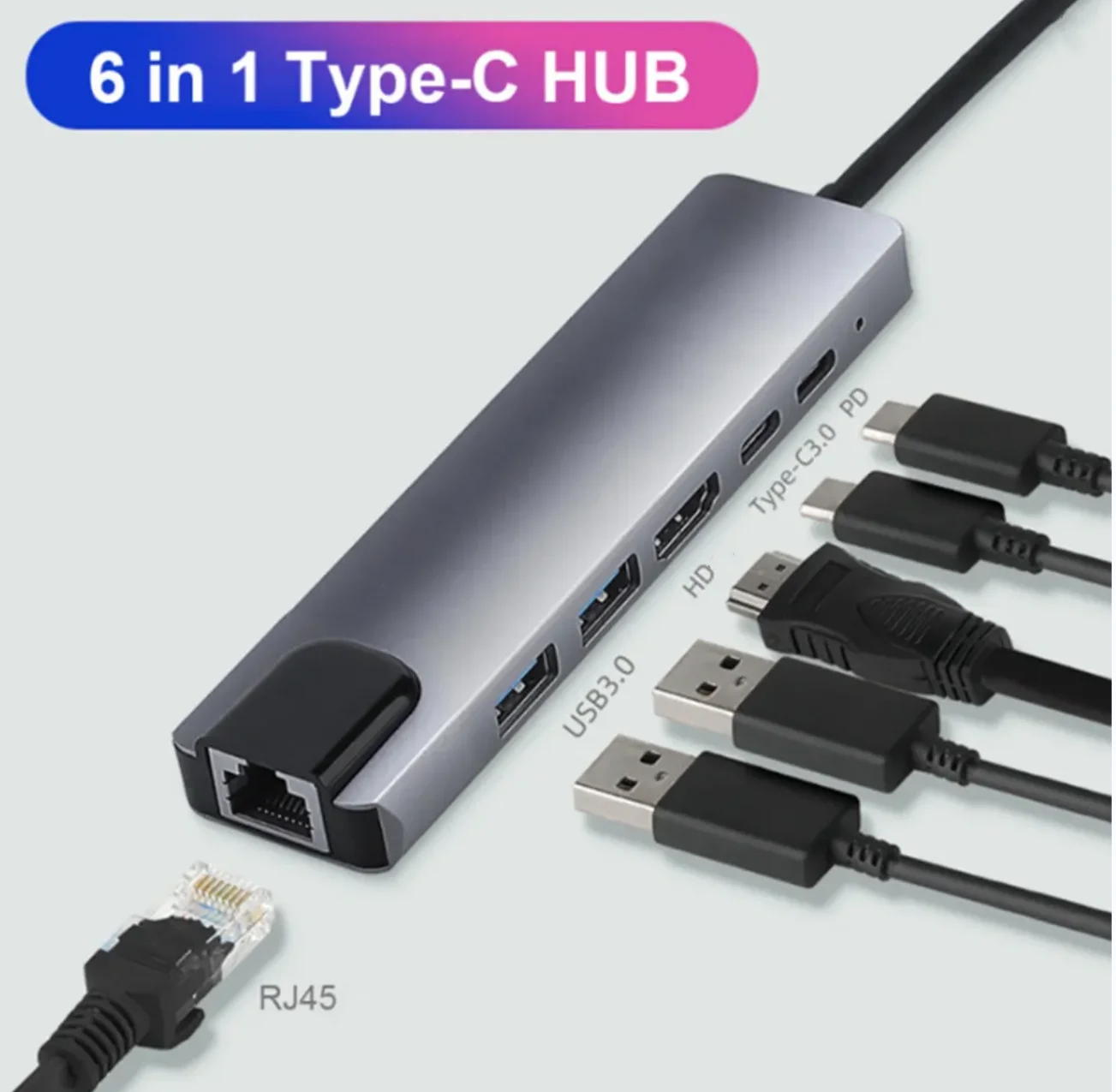 

6 in 1 USB C Hub Multi USB Docking Hub Converter 2 USB 3.0 HD-compatible Type-C PD RJ45 Adapter Notebook Accessories