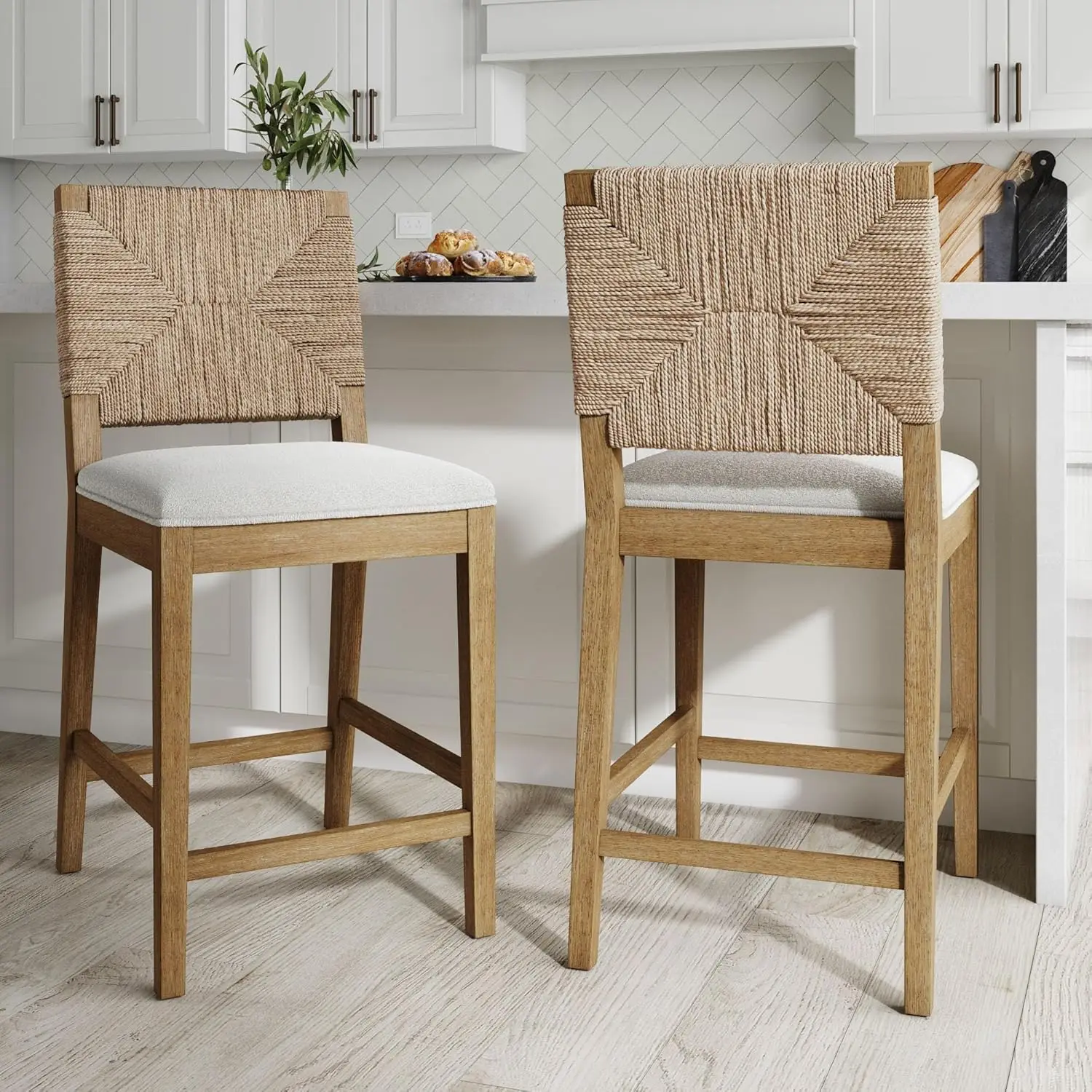 

Bohemian Bar Stool, Upholstered Counter Height Chair w/ Solid Wood Frame and Woven Seagrass Back for Kitchen Island, Set of 2