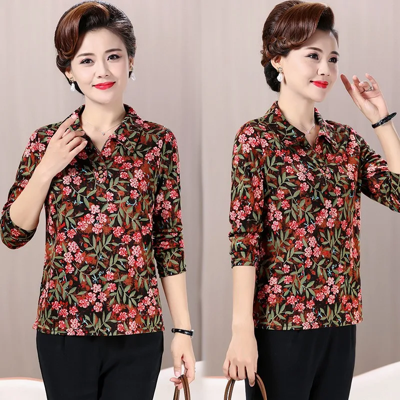 Vintage Floral Printed Shirt Women Chic Long Sleeve Blouse Pullover Elegant Turndown Collar Middle-aged Tops Female Oversize 5XL