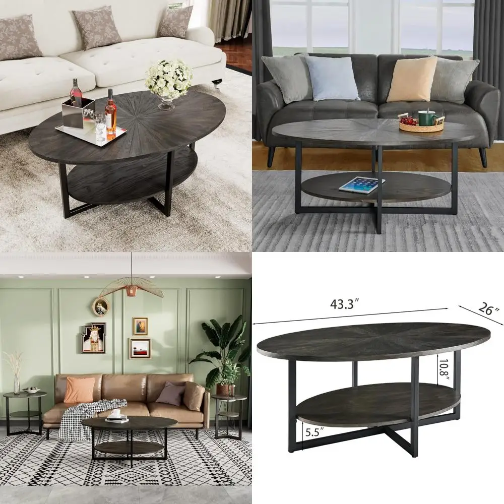 Modern Industrial Style Oval Coffee Table with Metal Cross Legs and Open Shelf, 43.3 inches