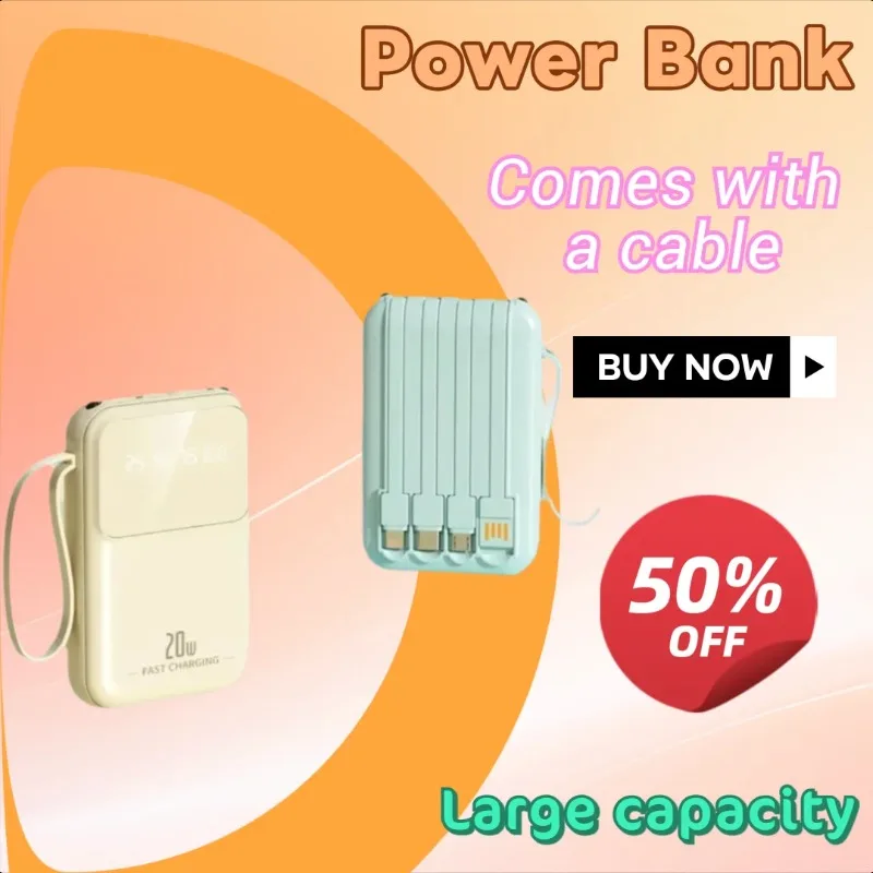 

5000/10000/20000mAh Power Bank with Built-in Cable Is Small Portable with A Large Capacity