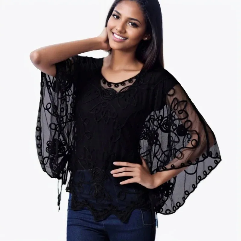 2024 High Quality Loose Hollow Chiffon Women\'s Blouse Summer Lace Batwing Three-quarter Sleeve Shirt Blusas Femininas 803J 38