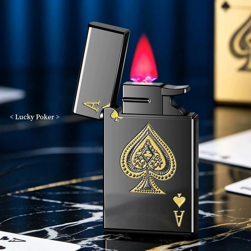 Fashion Poker Inflatable Windproof Lighter Metal Red Fire Direct Charging Flat Burner Outdoor Portable Igniter Smoking Gift