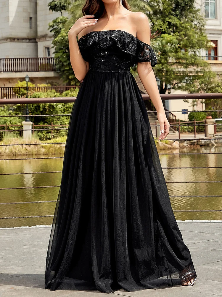 

Sexy Summer Black Floral Embroidery Women Maxi Dresses Elegant Slash Off Shoulder Holidays Celebrity Runway Party Club Dress