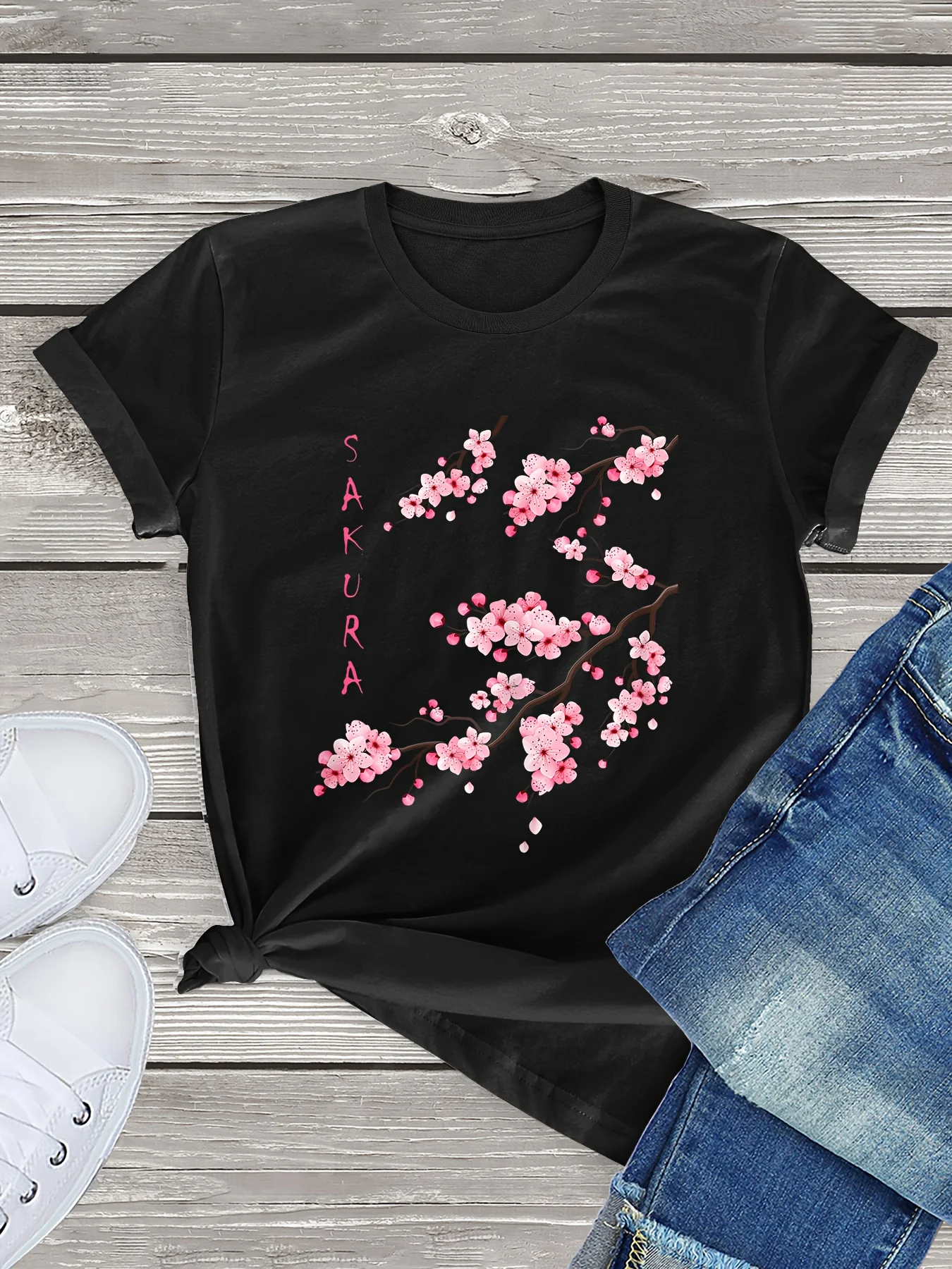 Sakura Cherry Blossom Print T-shirt, Casual Crew Neck Short Sleeve T-shirt, Women\'s Clothing