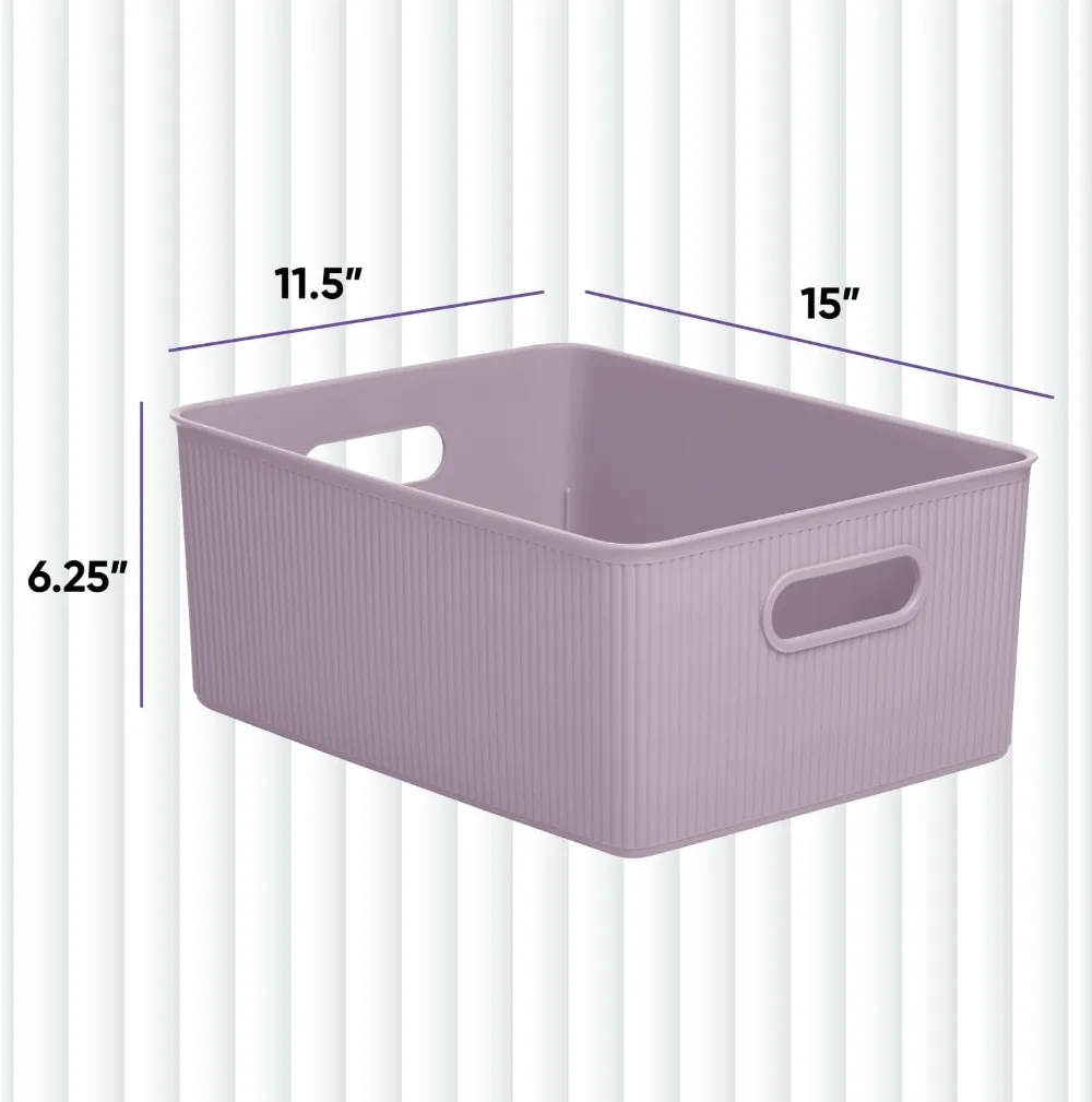Ribbed Plastic Storage Bins Organizer for Shelves Closet, 6 Pack Lilac Purple 15L