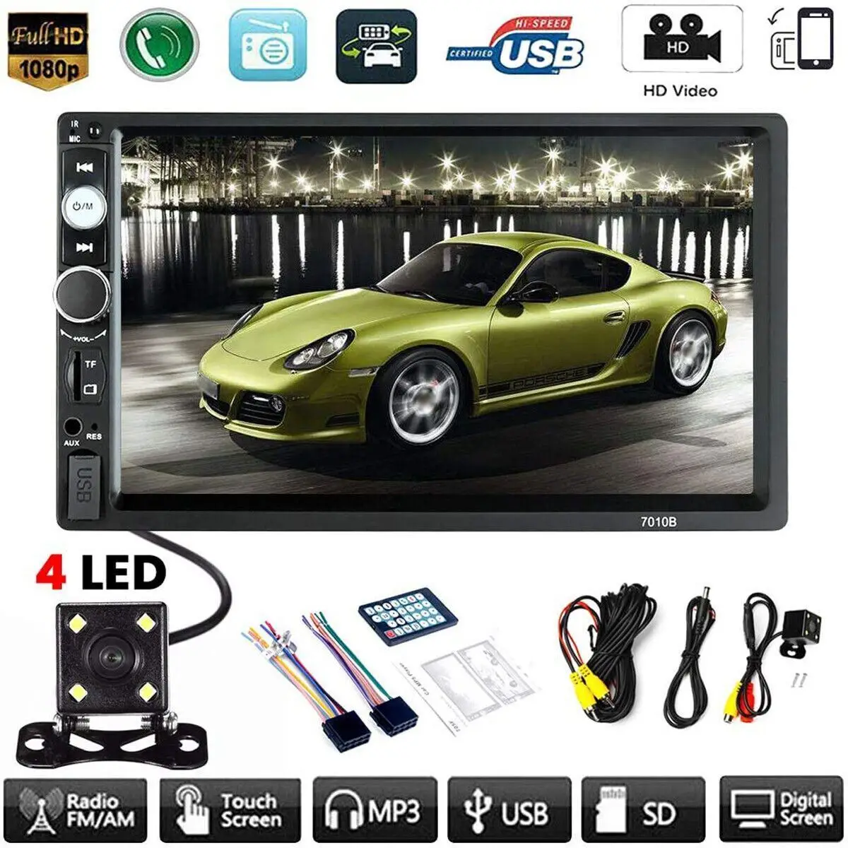 

7" Double 2 DIN Car MP5 Player Bluetooth Touch Screen Stereo Radio With Camera