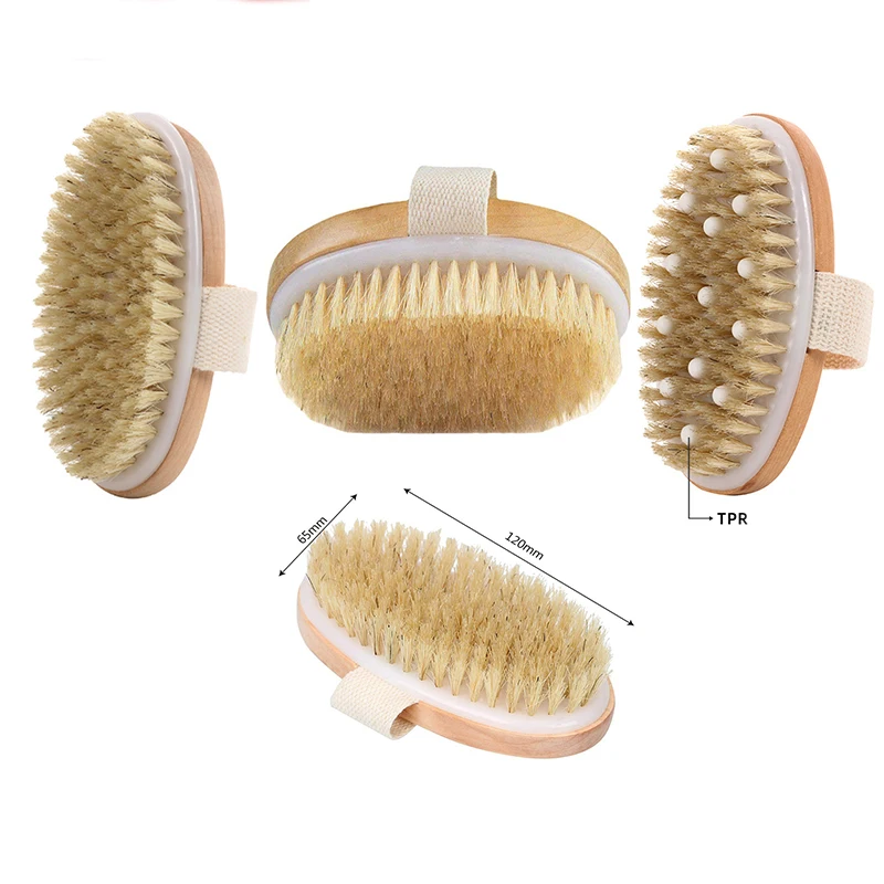 Wet Dry Skin Body Brush Natural Pig Bristles Dry Skin Exfoliating Body Massage Cleaning SPA Tool