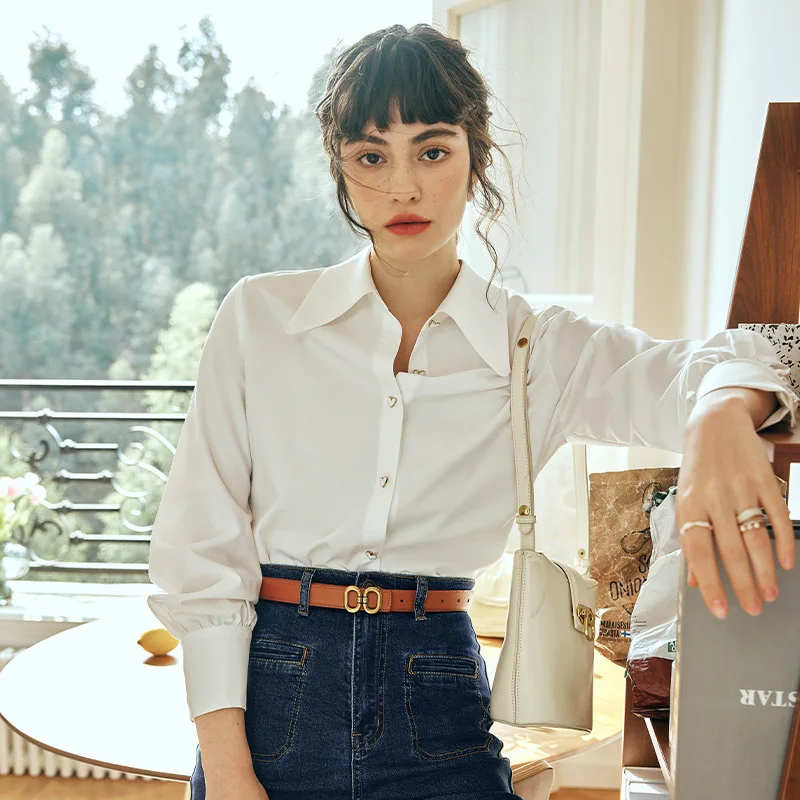 OLrain Retro White Shirt Women's Autumn New French Style Long Sleeve Fashion Polo Neck Work Business Shirts & Blouses E56QC69322