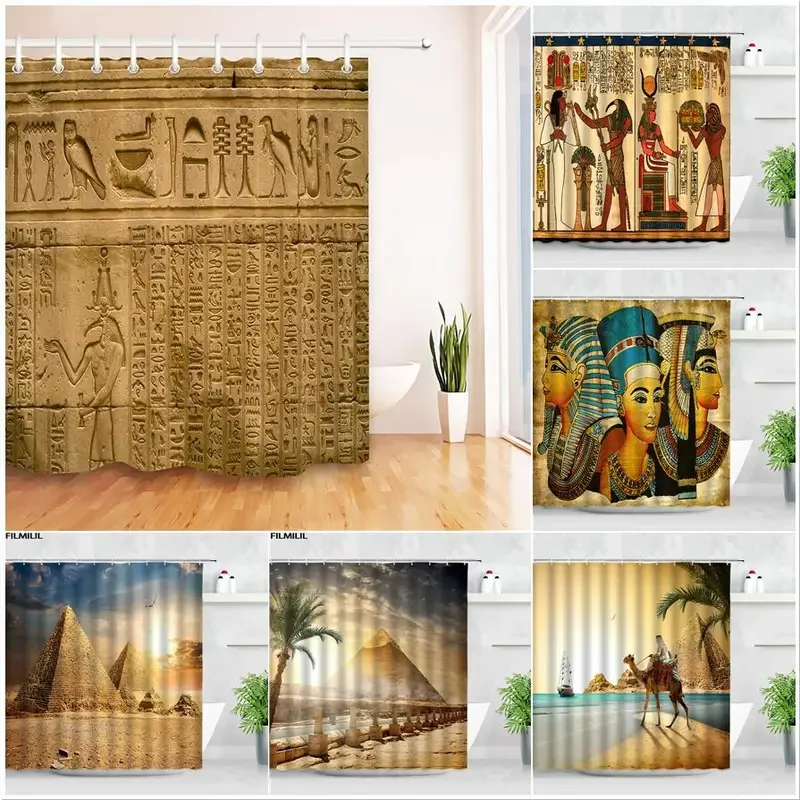 Retro Egyptian Temple Hieroglyphs Shower Curtain Set Vintage Pyramid Camel Home Wall Hanging Fabric Bathroom Decor Bath Curtains