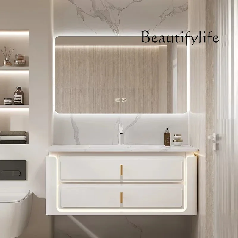 

Cream wind rock slab hot bending integrated basin bathroom cabinet combination bathroom oak premium washstand