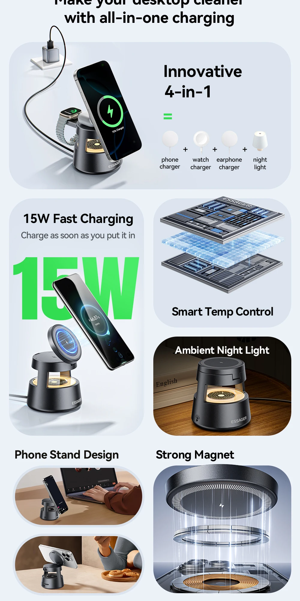 Essager 4 in 1 Magnetic Wireless Charger Stand for iPhone 16 15 14 13 12 Apple Watch 9 8 Airpods Pro 15W Fast Charging Station