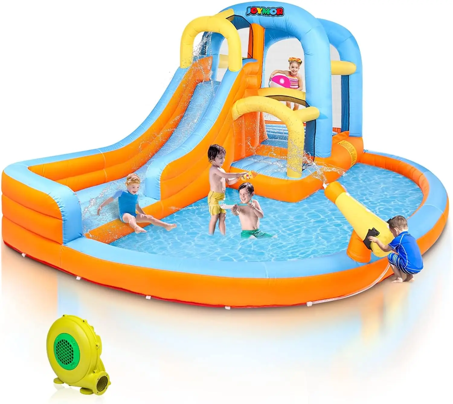 

JOYMOR 5-in-1 Inflatable Water Slide Park, Water Bounce House w/Air Blower, Climbing Wall, Double Jump Area, Splash Pool, Water