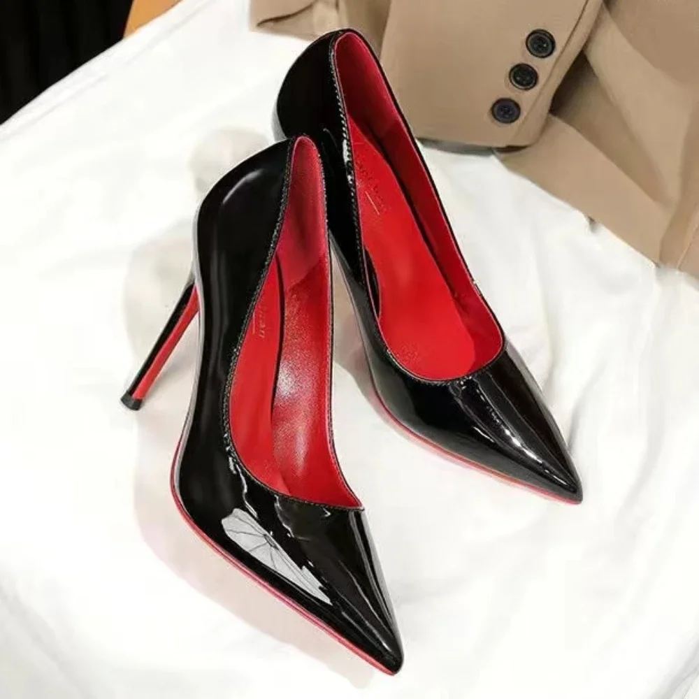 Salto alto fundo vermelho para mulheres, sapatos de casamento, sapatos Mary Jane, dedo apontado, saltos plataforma, plus size, noiva, bombas, 2024