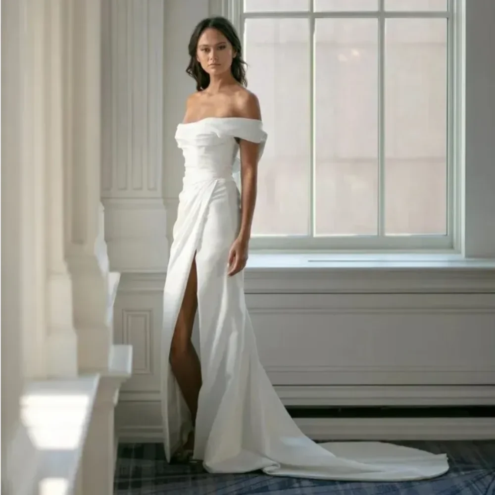 Robe de Mariée Sirène Simple en Satin Doux avec Plis et Fente Latérale, pour Patients Personnalisés, Éducative, 2024 de Réduction