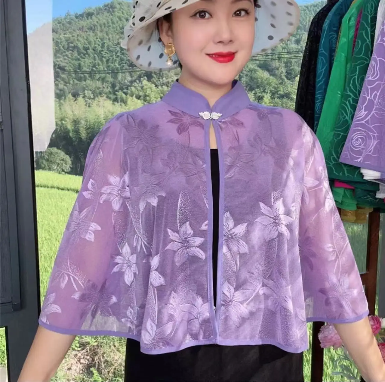 

Summer new Poncho hollowed out qipao shawl women's versatile sun protection Cloak stand up collar cape