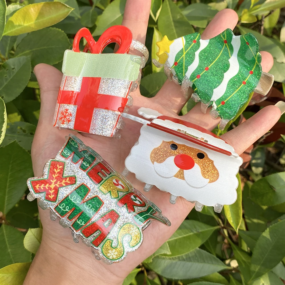 Christmas Tree Glitter Acrylic Hair Claw Clip Cute Festive Green Xmas Tree Banana Clip Women Holiday Party Hair Accessories view 4