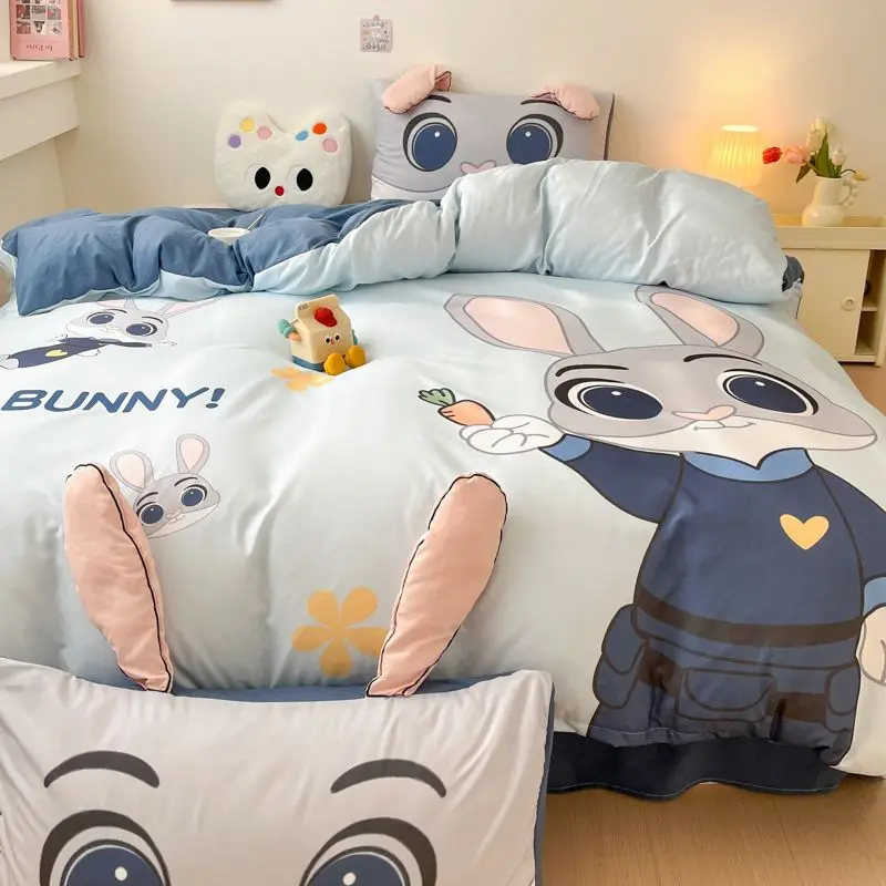 

Комплект постельного белья Disney Zootopia (Зверополис) с Джуди, аниме, мультфильм, милый, студенческий, из стираного хлопка, четыре предмета, кавайный, для девочек, пододеяльник, подарок