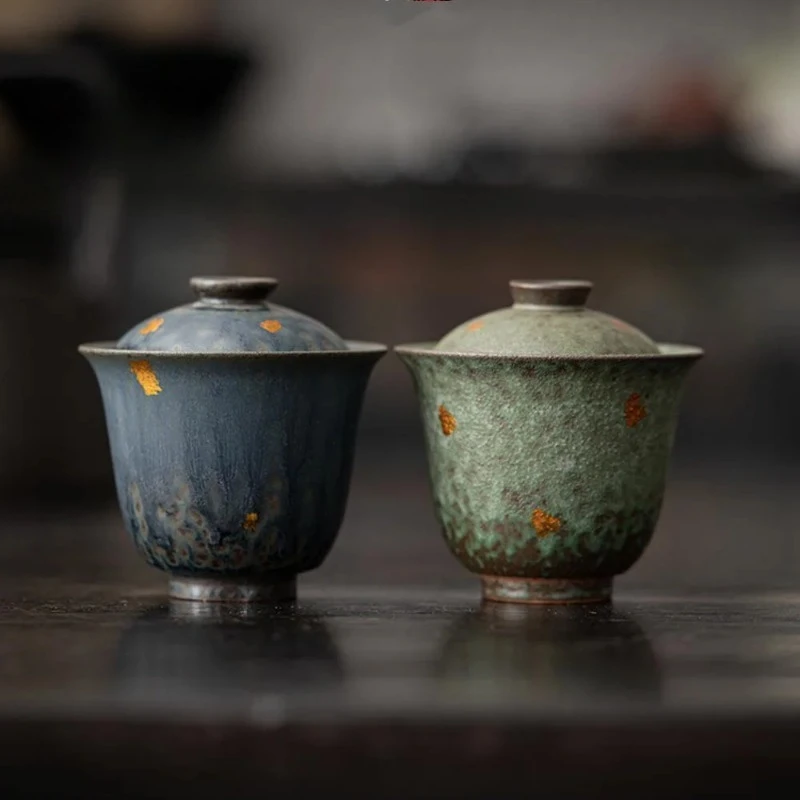 

90ml Retro Bronze Glazed Gaiwan Luxury Sprinkle Gold Bowl with Lid Sopera Tea Tureen Household Tea Making Cover Bowl Cha Craft