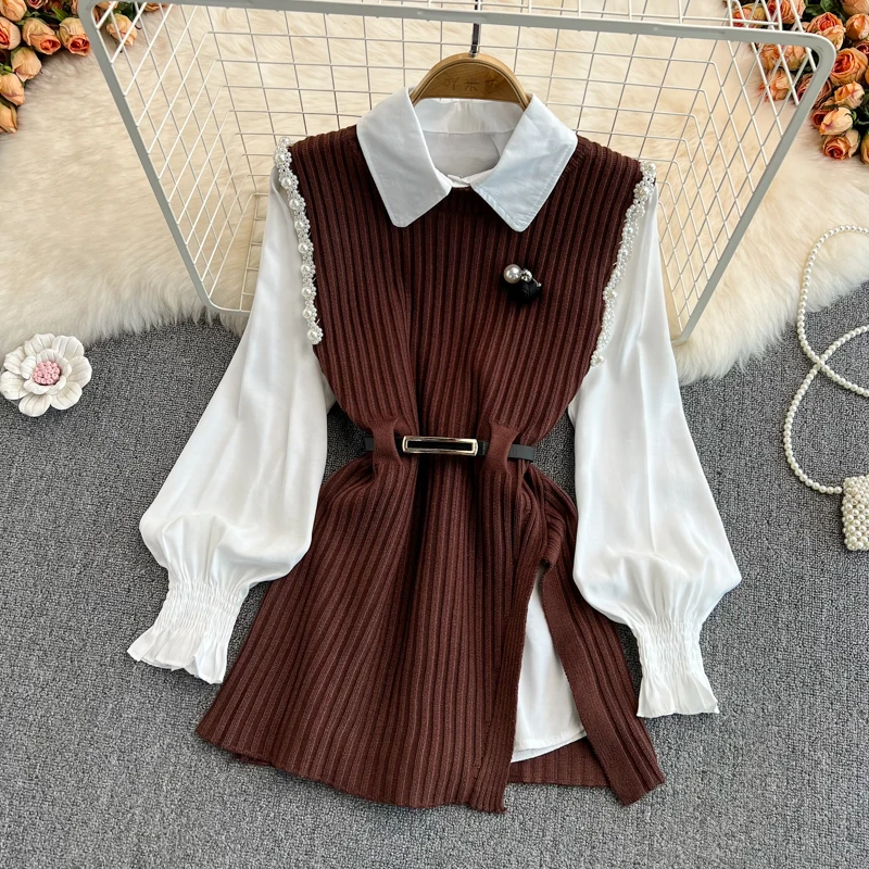 Pearl lantern shirt 2 two piece set women knitted vest 2024 spring autumn womens Long sleeve Shirts sets Sleeveless Sweater tops