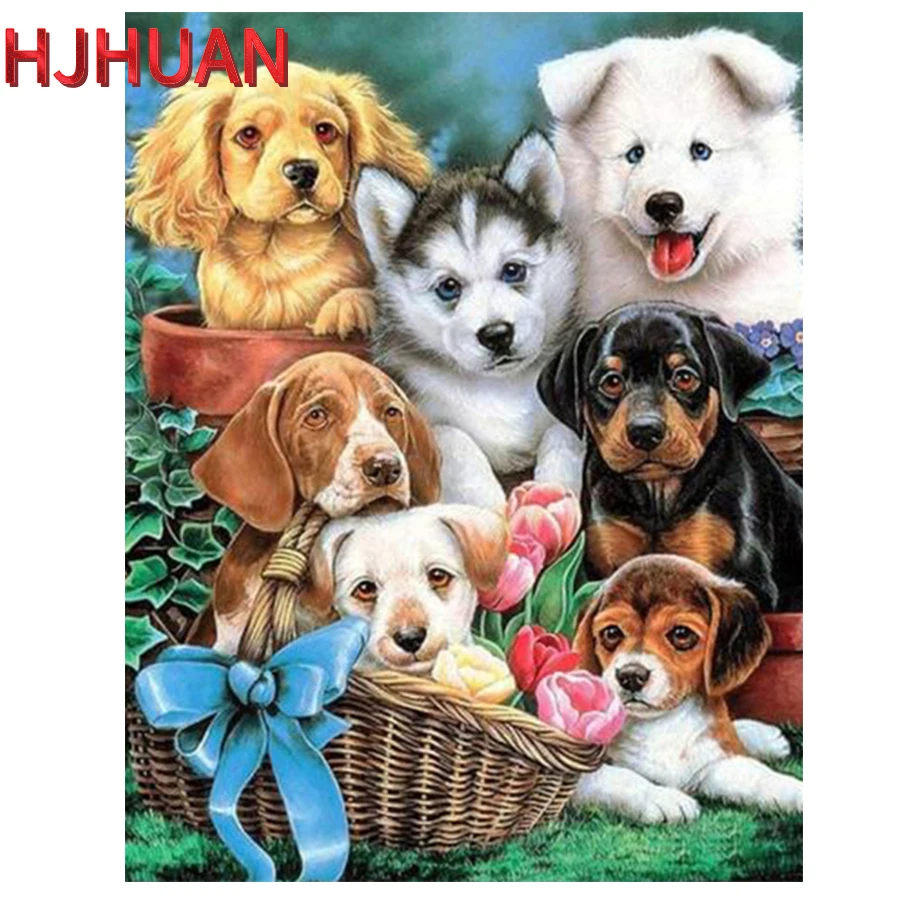 Full Square Diamond Painting, Group Photo of Samoyed, Golden Retriever, Husky and Other Dogs, Diamond Embroidery Sale