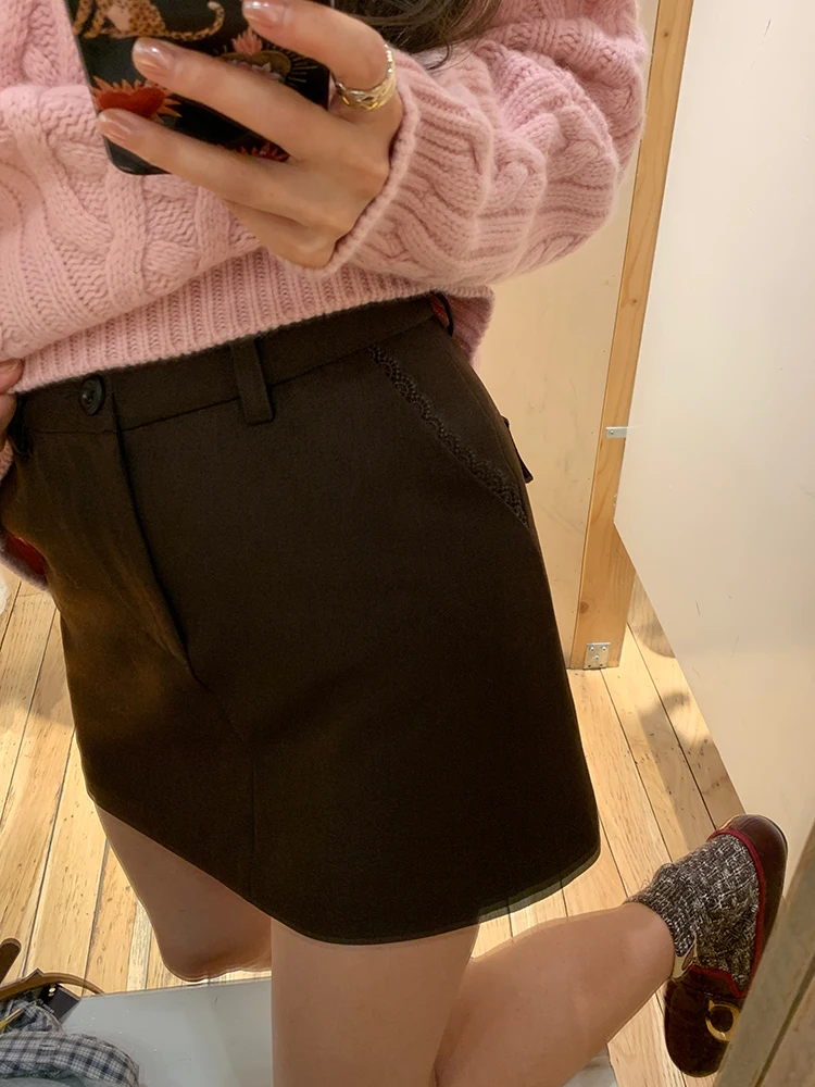 Zimowa Spódnica w Stylu Faion z Koronkowym Wykończeniem, Krój A-Line, Damska, Koreańska, Zapinana na Zamek, z Portfelem, Wyściełana, Poliestrowa, Biznesowa Spódnica