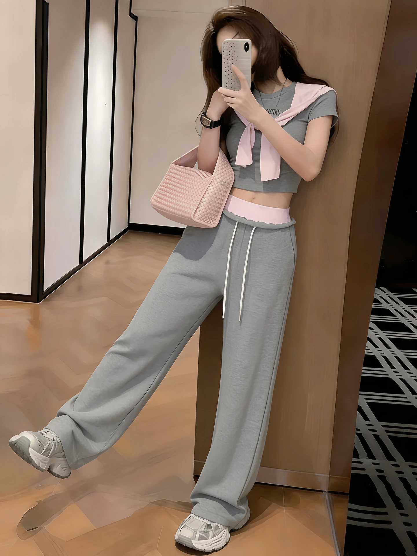 

Korean Style Summer Fashion Casual Three-Piece Set Women's Wide Leg Pants T-Shirt Wrap Shoulder Casual Outfit High Waist