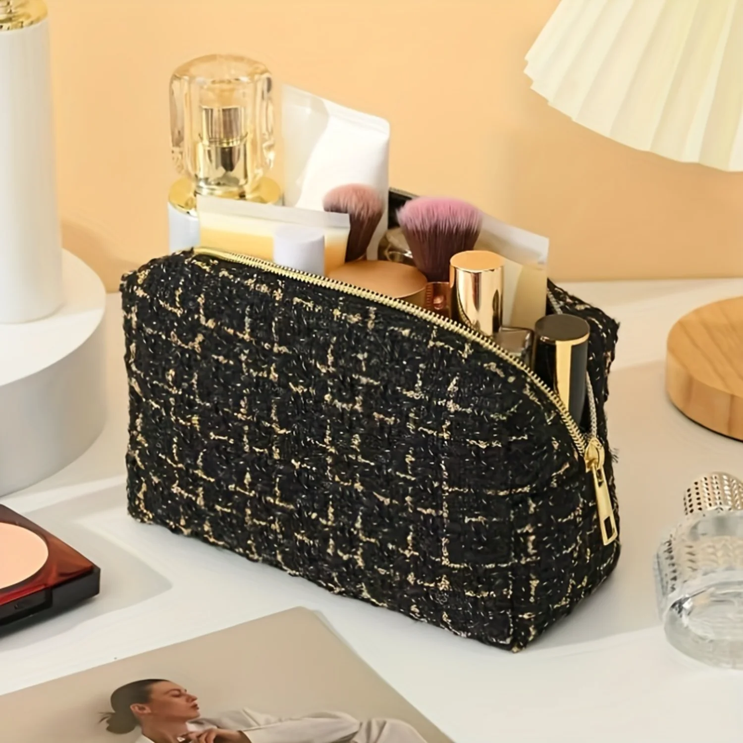 Elegant Plaid Pattern Makeup Bag Travel Cosmetic Pouch Zipper Make Up Organizer Toiletry Bag For Women   Gifts