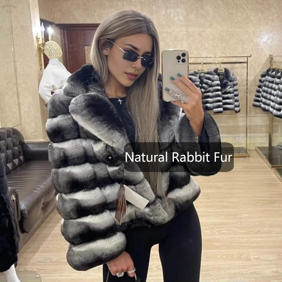 Women\'s Natural Fur Coat Short Winter Coats Ladies Long Chinchilla Jacket Real Rex Rabbit Fur Luxury Brand Contrast