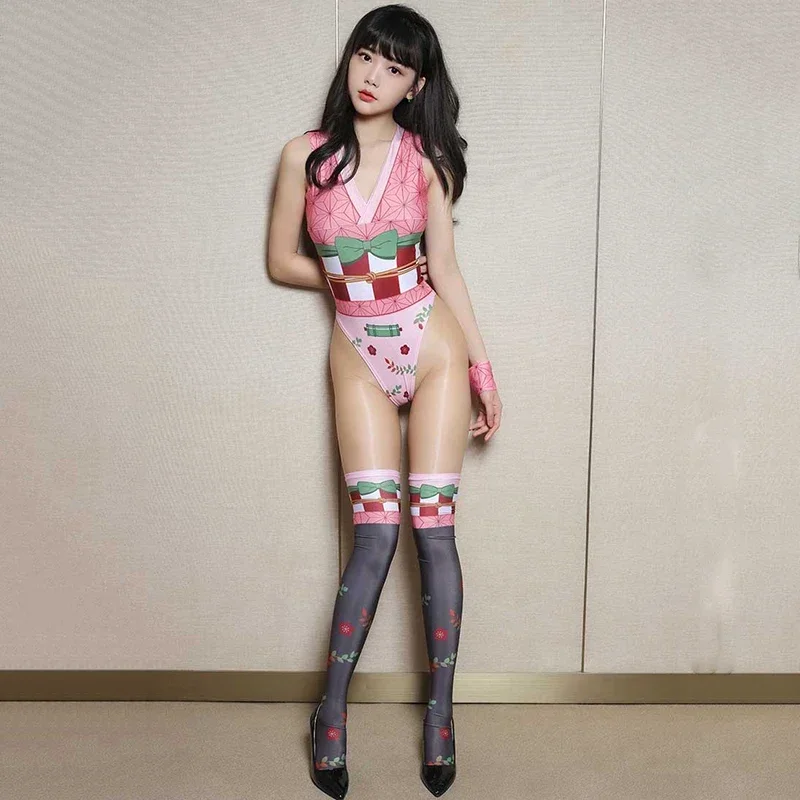 Anime Cosplay Demon Slayer Bodysuit Kamado Nezuko Sexy Costumes Women Halloween Erotic Lingire Sleeveless Underwear Set MN12